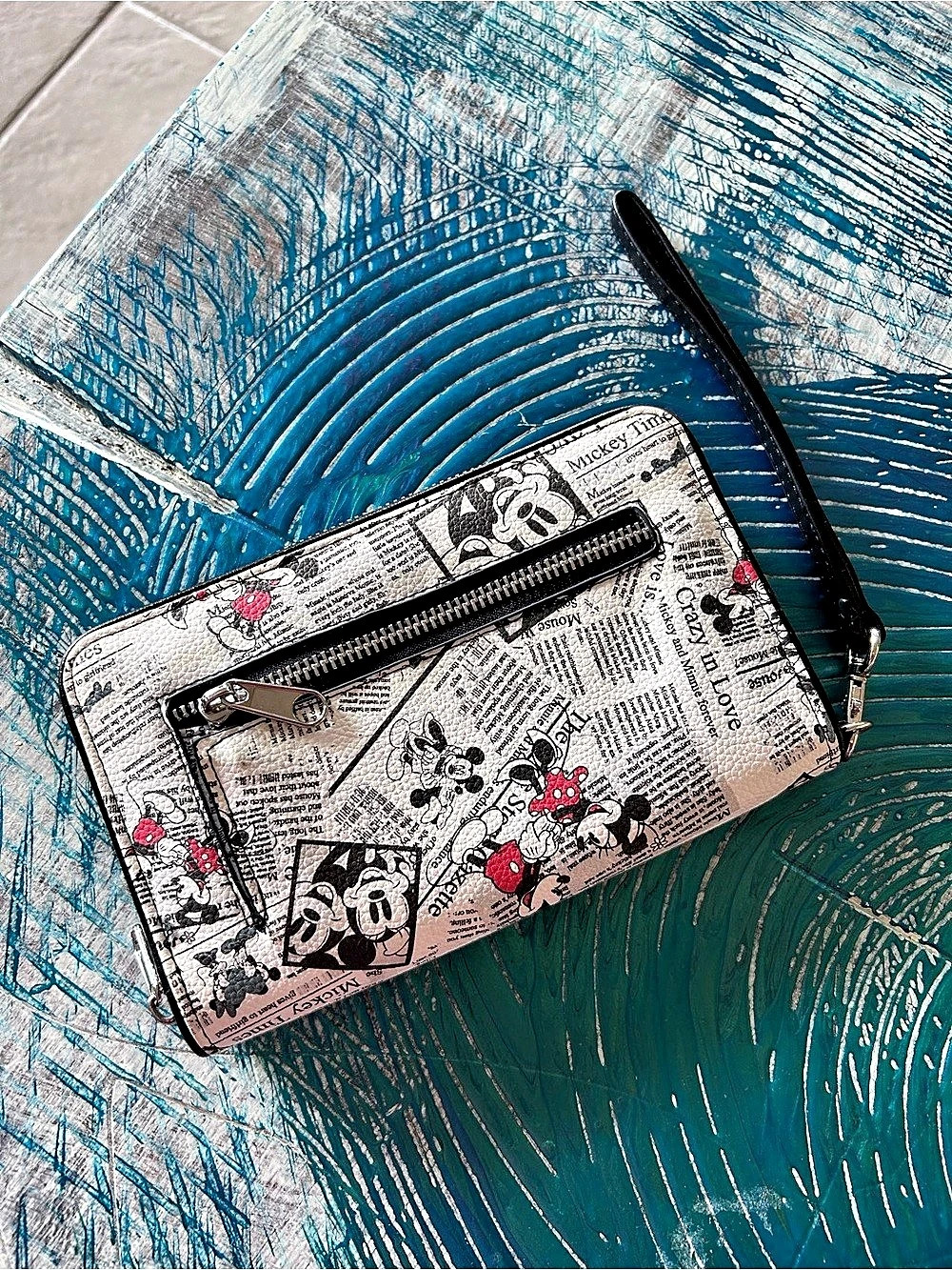 Disney Mickey and Minnie Mouse Crazy in Love Newspaper Print Wallet Wristlet